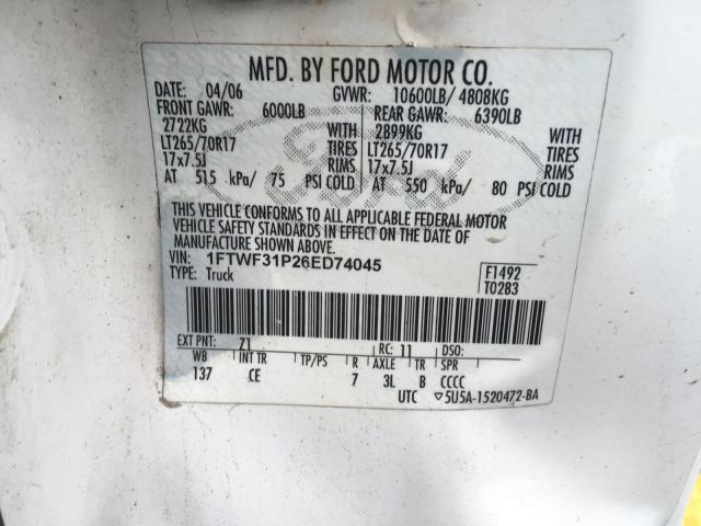 1FTWF31P26ED74045 - 2006 FORD F350 SRW S WHITE photo 10