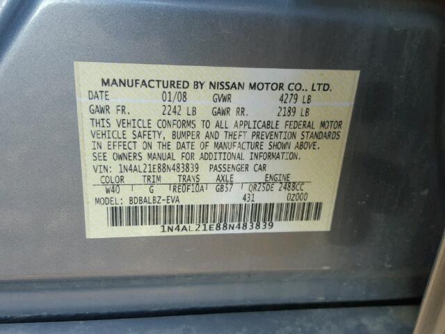 1N4AL21E88N483839 - 2008 NISSAN ALTIMA 2.5 SILVER photo 10