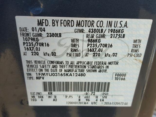 1FMYU03165KA12480 - 2005 FORD ESCAPE XLT BLUE photo 10