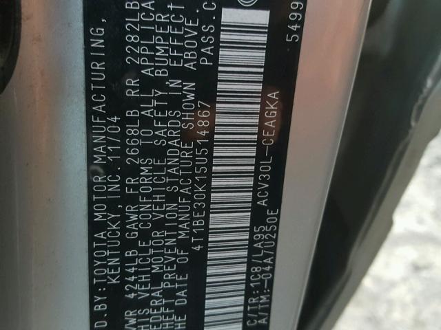 4T1BE30K15U514867 - 2005 TOYOTA CAMRY LE ვერცხლისფერი ფოტო 10