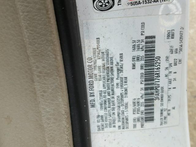 3FAHP07176R165250 - 2006 FORD FUSION SE WHITE photo 10