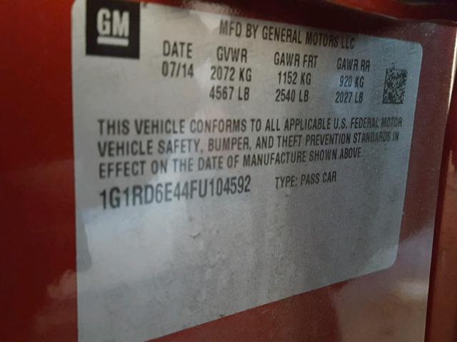 1G1RD6E44FU104592 - 2015 CHEVROLET VOLT RED photo 10