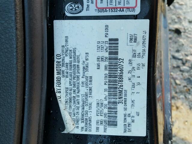 3LNHM26T88R660752 - 2008 LINCOLN MKZ BLACK photo 10