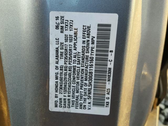 5FNRL5H30GB116160 - 2016 HONDA ODYSSEY SE SILVER photo 10