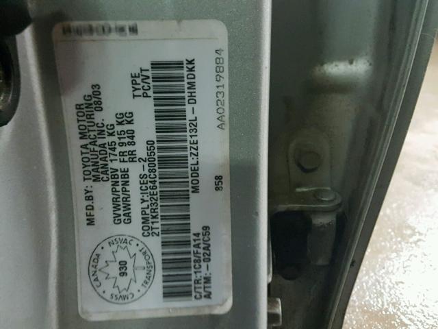 2T1KR32E64C800550 - 2004 TOYOTA COROLLA MA SILVER photo 10