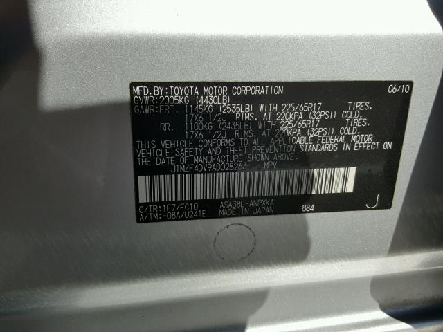 JTMZF4DV9AD028263 - 2010 TOYOTA RAV4 SILVER photo 10