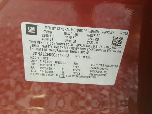 2GNALCEK9G1148998 - 2016 CHEVROLET EQUINOX LT RED photo 10