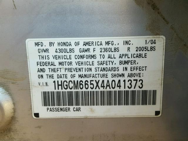 1HGCM665X4A041373 - 2004 HONDA ACCORD EX SILVER photo 10