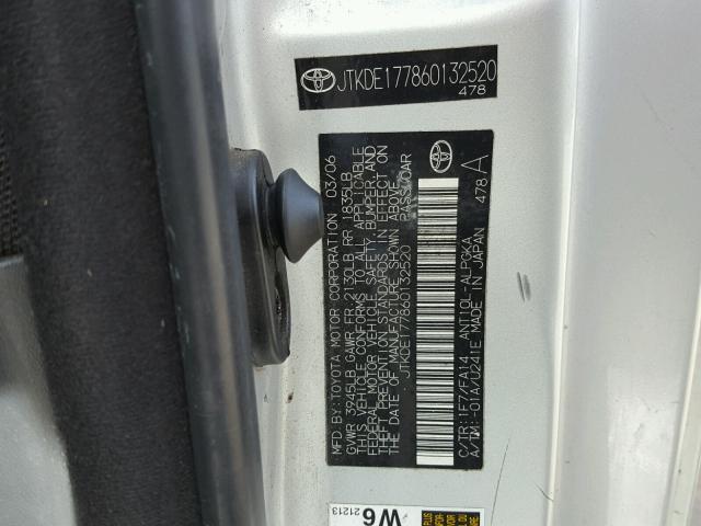 JTKDE177860132520 - 2006 TOYOTA SCION TC ვერცხლისფერი ფოტო 10