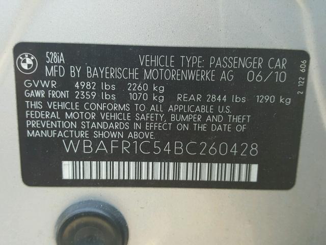 WBAFR1C54BC260428 - 2011 BMW 528 I SILVER photo 10