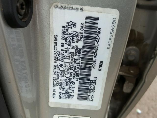 4T1BE30K53U764898 - 2003 TOYOTA CAMRY LE SILVER photo 10