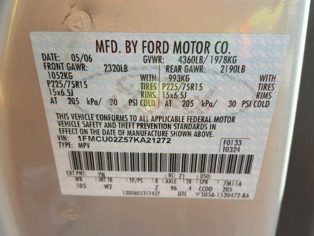 1FMCU02Z57KA21272 - 2007 FORD ESCAPE XLS SILVER photo 10