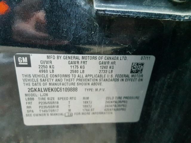 2GKALWEK0C6109888 - 2012 GMC TERRAIN SL BLACK photo 10