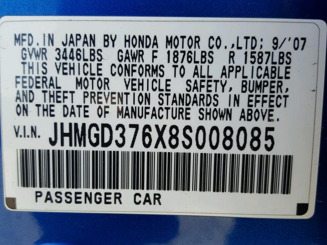 JHMGD376X8S008085 - 2008 HONDA FIT SPORT BLUE photo 10