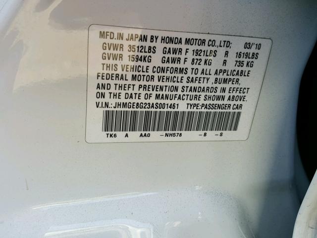 JHMGE8G23AS001461 - 2010 HONDA FIT WHITE photo 10