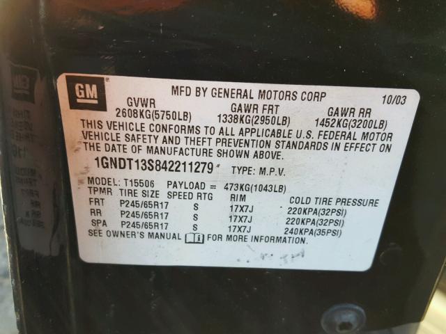 1GNDT13S842211279 - 2004 CHEVROLET TRAILBLAZE GREEN photo 10