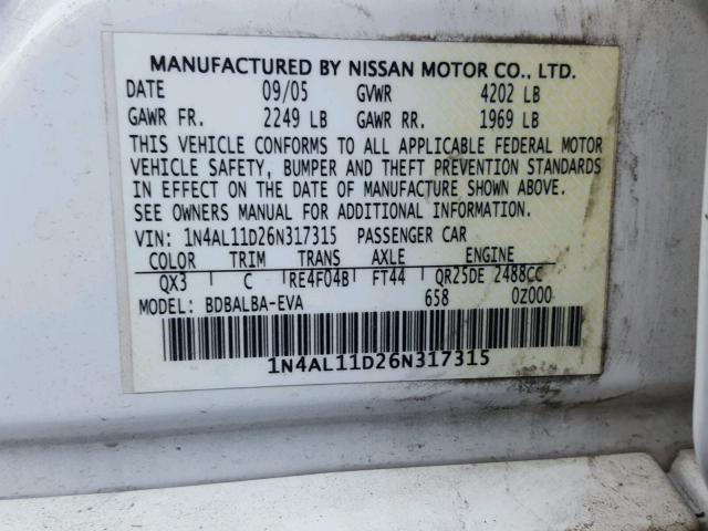 1N4AL11D26N317315 - 2006 NISSAN ALTIMA S WHITE photo 10