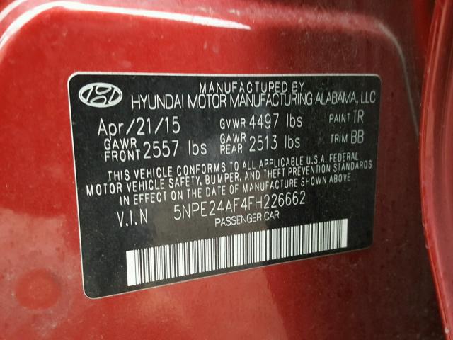 5NPE24AF4FH226662 - 2015 HYUNDAI SONATA SE RED photo 10