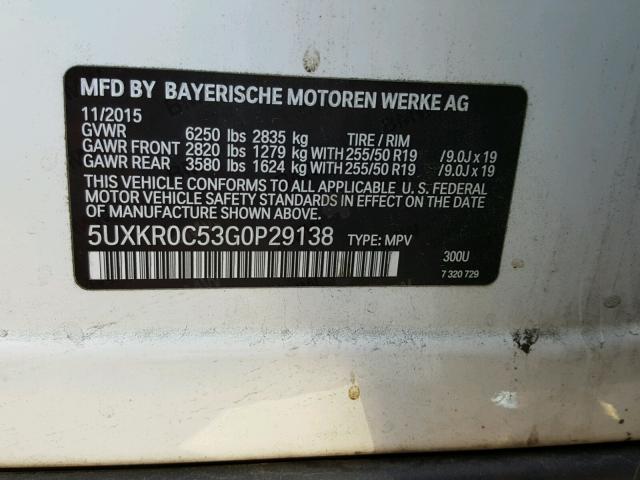 5UXKR0C53G0P29138 - 2016 BMW X5 XDRIVE3 WHITE photo 10