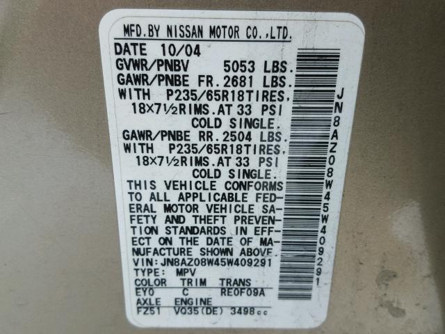 JN8AZ08W45W409291 - 2005 NISSAN MURANO SL GOLD photo 10