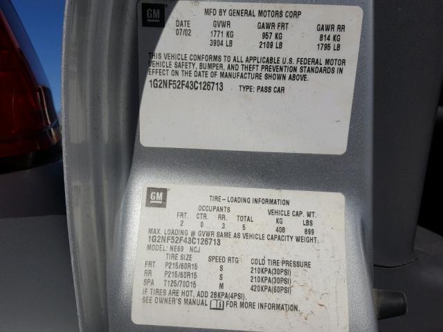 1G2NF52F43C126713 - 2003 PONTIAC GRAND AM S SILVER photo 10