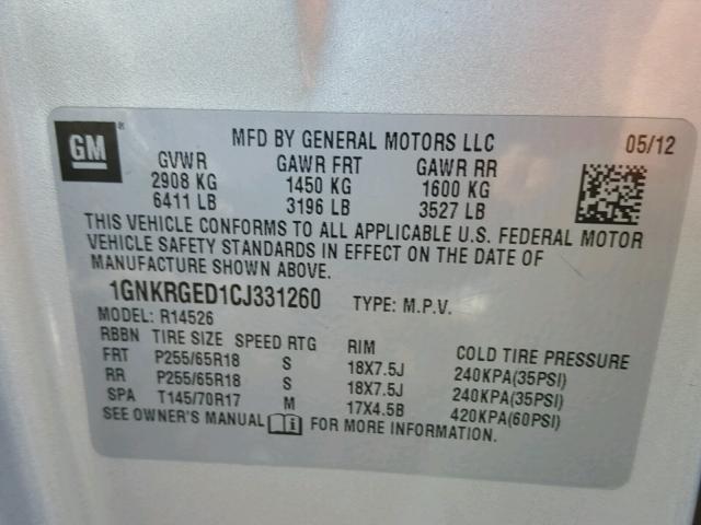 1GNKRGED1CJ331260 - 2012 CHEVROLET TRAVERSE L SILVER photo 10