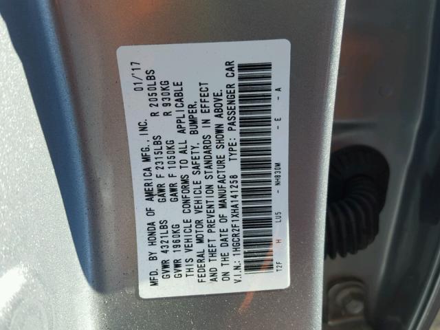 1HGCR2F1XHA141258 - 2017 HONDA ACCORD SPO SILVER photo 10