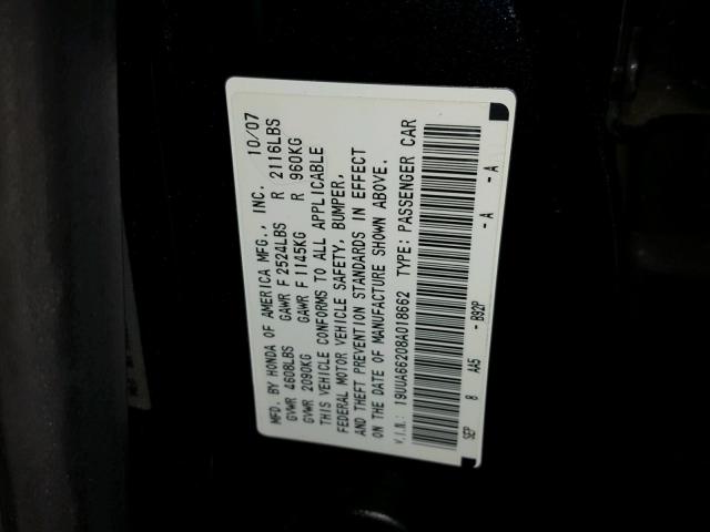 19UUA66208A018662 - 2008 ACURA TL BLACK photo 10