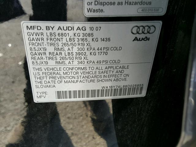 WA1BY74L88D025855 - 2008 AUDI Q7 3.6 QUA BLACK photo 10