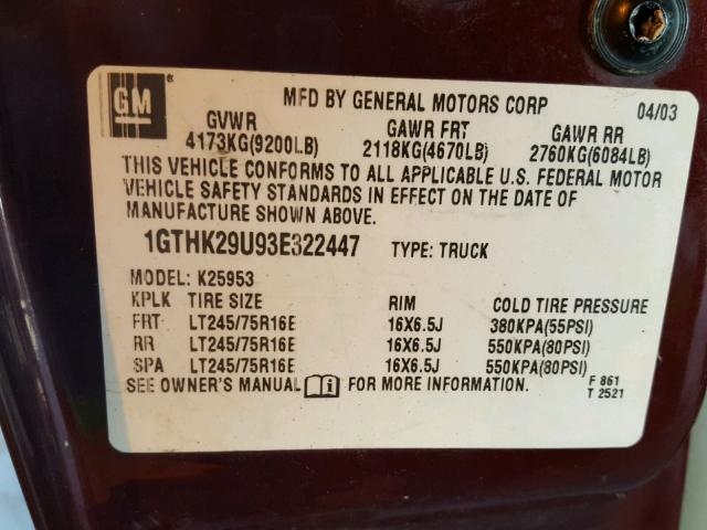 1GTHK29U93E322447 - 2003 GMC SIERRA K25 RED photo 10