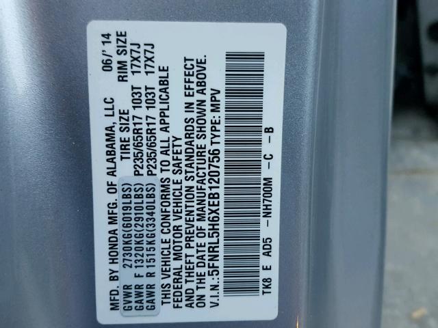 5FNRL5H6XEB120756 - 2014 HONDA ODYSSEY EX SILVER photo 10