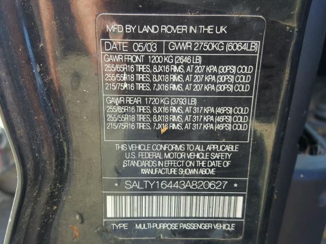 SALTY16443A820627 - 2003 LAND ROVER DISCOVERY BLACK photo 10
