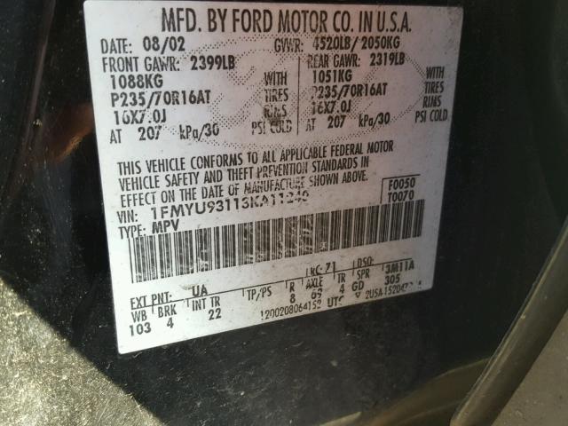 1FMYU93113KA11240 - 2003 FORD ESCAPE XLT BLACK photo 10