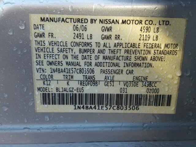 1N4BA41E57C803506 - 2007 NISSAN MAXIMA SE SILVER photo 10