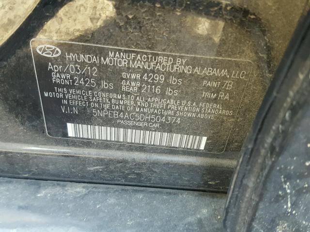 5NPEB4AC5DH504374 - 2013 HYUNDAI SONATA GLS BLACK photo 10