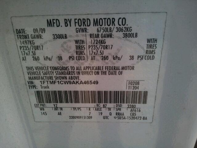 1FTMF1CW9AKA46549 - 2010 FORD F150 WHITE photo 10