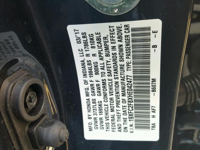 19XFC2F8XHE042477 - 2017 HONDA CIVIC EX Grafit foto 10