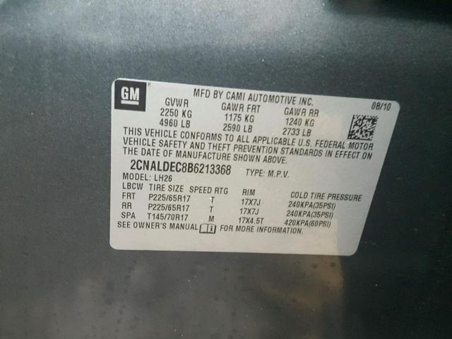 2CNALDEC8B6213368 - 2011 CHEVROLET EQUINOX LT GRAY photo 10