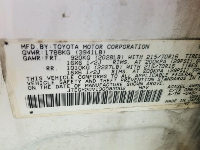 JTEGH20V130083002 - 2003 TOYOTA RAV4 WHITE photo 10