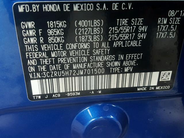 3CZRU5H72JM701500 - 2018 HONDA HR-V EXL BLUE photo 10