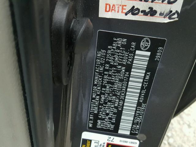 4T4BF3EK2AR001794 - 2010 TOYOTA CAMRY BASE GRAY photo 10
