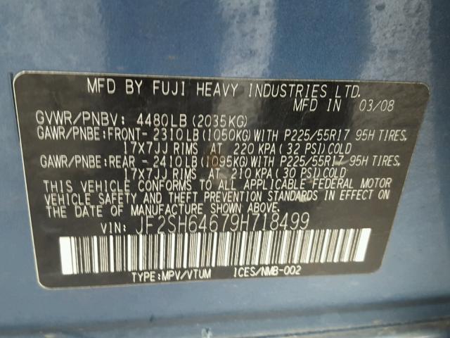 JF2SH64679H718499 - 2009 SUBARU FORESTER 2 BLUE photo 10