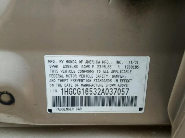 1HGCG16532A037057 - 2002 HONDA ACCORD EX GOLD photo 10