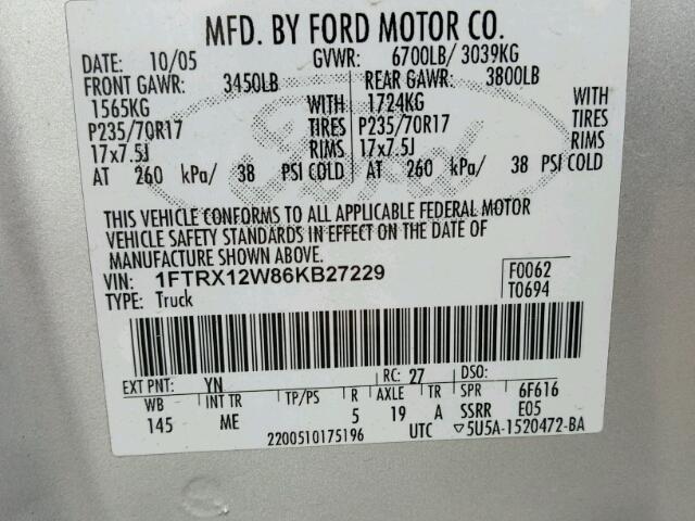 1FTRX12W86KB27229 - 2006 FORD F150 SILVER photo 10