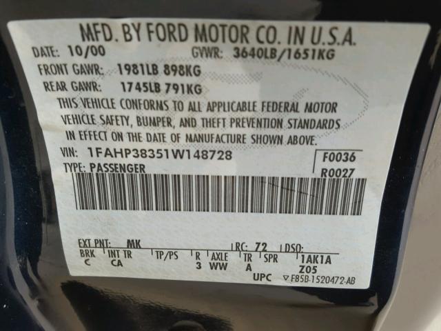 1FAHP38351W148728 - 2001 FORD FOCUS ZTS BLUE photo 10