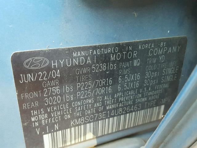 KM8SC73E14U826463 - 2004 HYUNDAI SANTA FE G BLUE photo 10