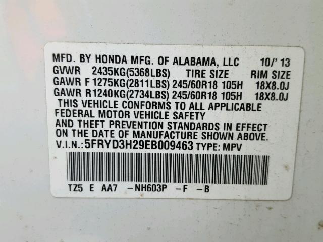 5FRYD3H29EB009463 - 2014 ACURA MDX WHITE photo 10