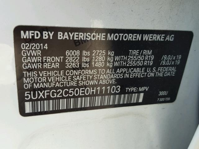 5UXFG2C50E0H11103 - 2014 BMW X6 XDRIVE3 WHITE photo 10