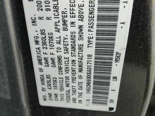 1HGCM668X6A017118 - 2006 HONDA ACCORD EX GRAY photo 10