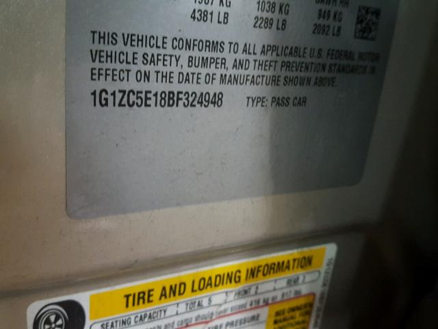 1G1ZC5E18BF324948 - 2011 CHEVROLET MALIBU 1LT 金色 照片 10